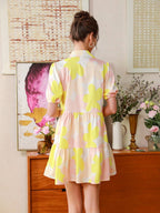 Shasmi WomenS Yellow Flower Print Short Sleeve Button Front All-Over Printed Dresses, Ruffle Hem Smock Dress For Woman (161 Dre