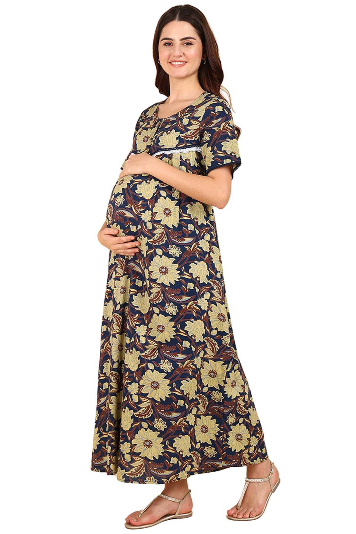 Zelena Maternity Zipless Feeding Maxi For Women | 100% Cotton Pre & Post Pregnancy Floral Printed Maxi/Nighty For Pregnant Woman