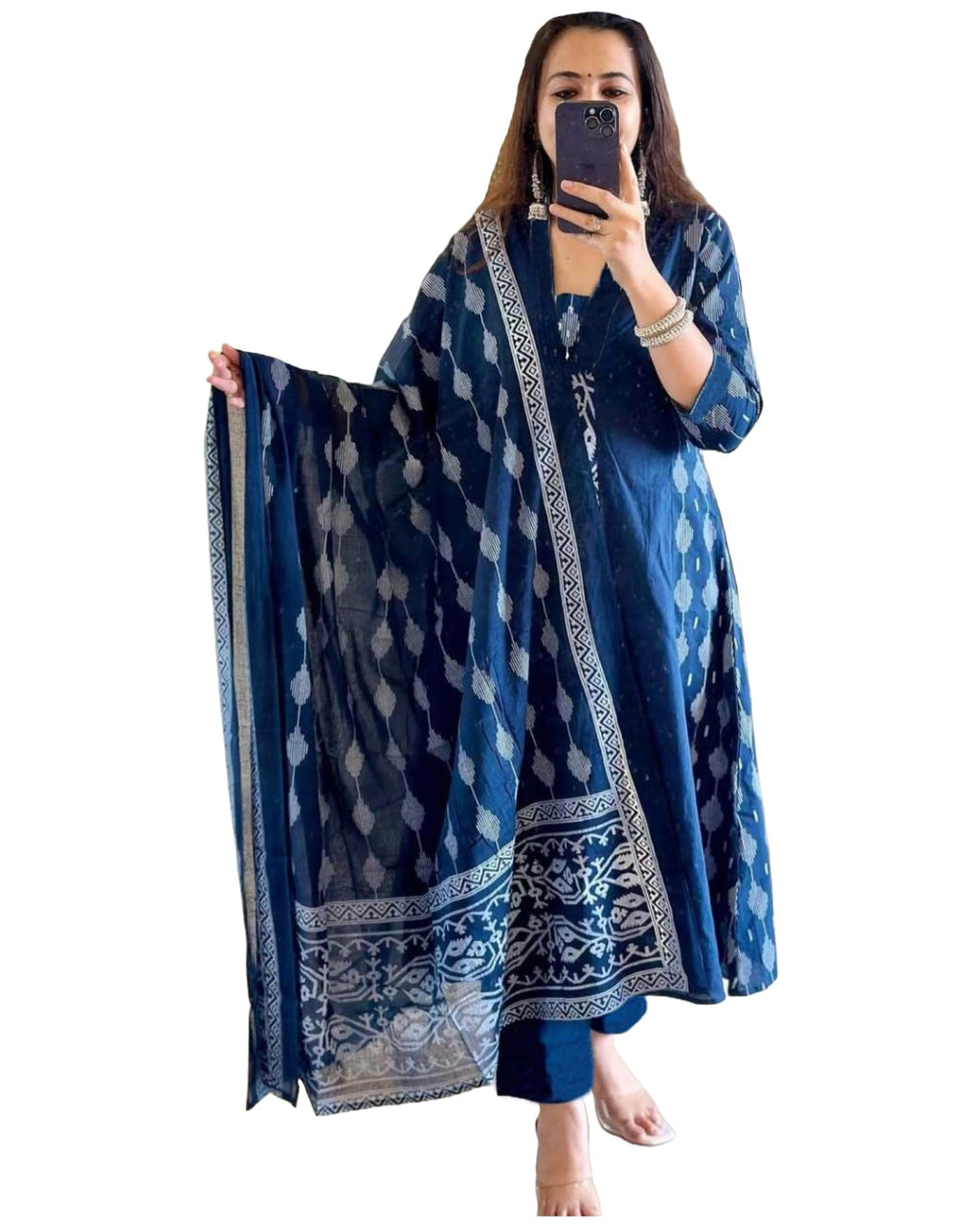 ANNI DESIGNER Womens Rayon Viscose Printed Anarkali Kurta with Pant & Dupatta (JARRY Blue_S_Blue_Small)