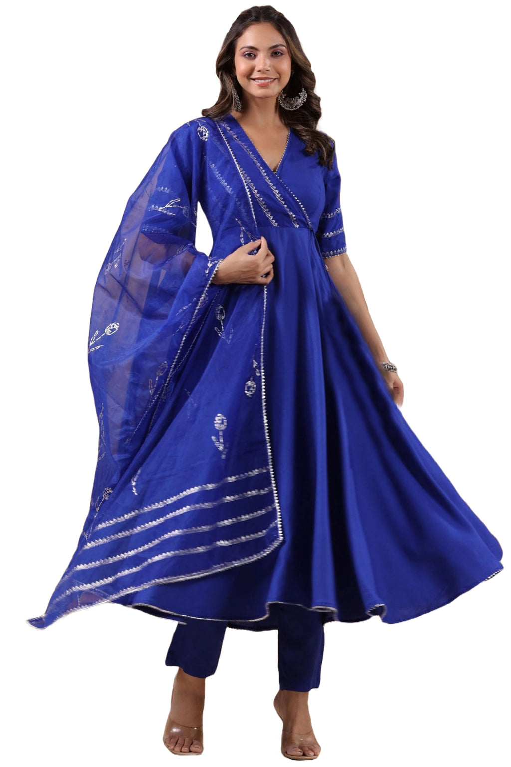 ANNI DESIGNER Womens Rayon Blend Anarkali Solid Kurta with Pant & Dupatta (NIRMOOHA Royal Blue_L_Blue_Large)