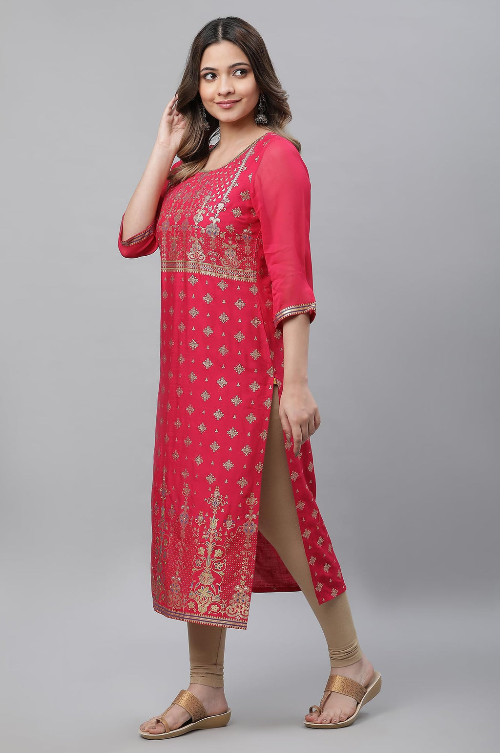 Aurelia Pink Foil Pattern Lace Straight Long Kurta