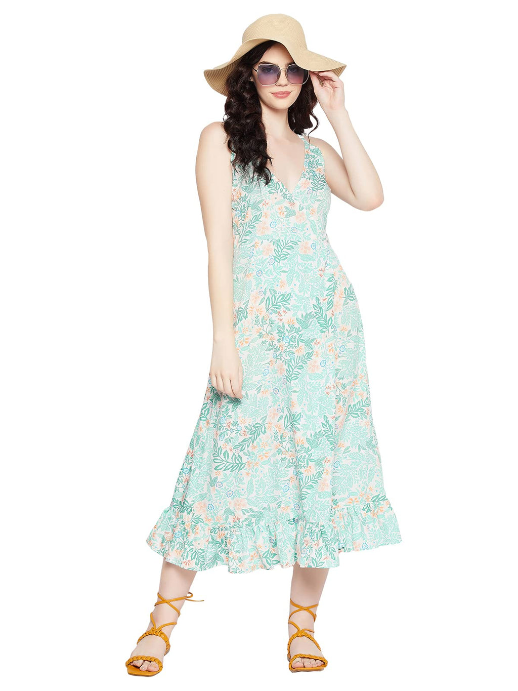 Clovia Women'S Crepe Tropical Print Ruffled Resortwear Long Maxi (Rw0056P18_White)