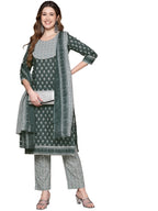 Anubhutee Women'S Cotton Teal Ethnic Motifs Printed Straight Kurta Suit Set With Pants And Dupatta