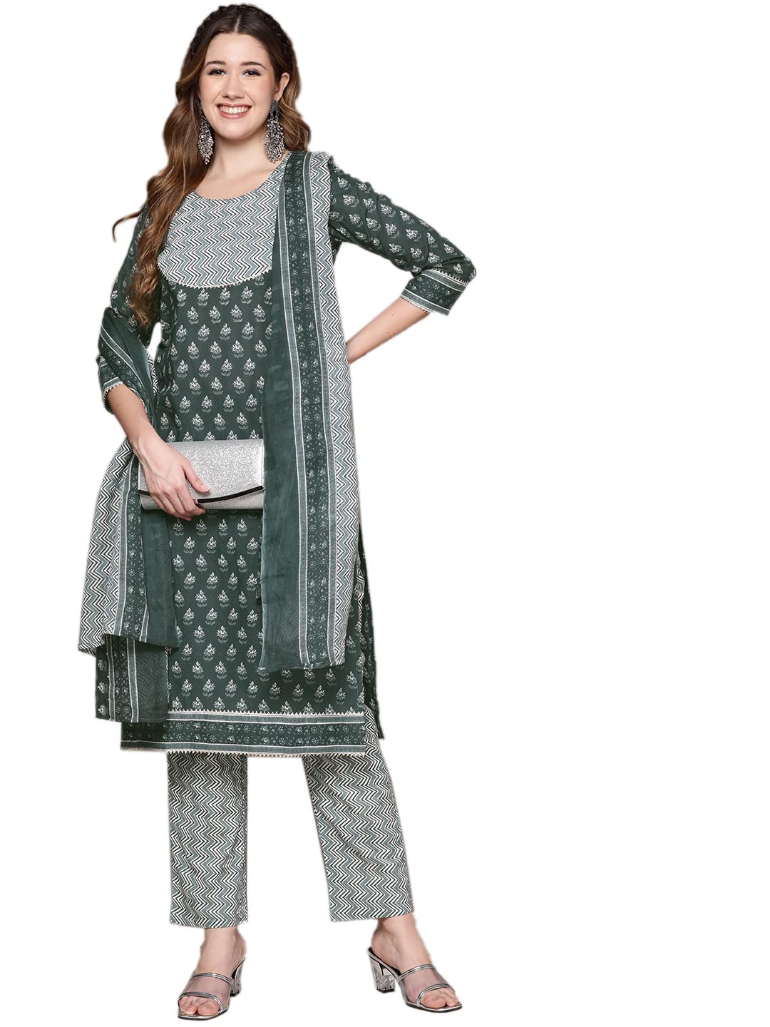 Anubhutee Women'S Cotton Teal Ethnic Motifs Printed Straight Kurta Suit Set With Pants And Dupatta
