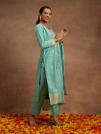 Libas Womens Embroidered Silk Straight Kurta With Trousers And Dupatta