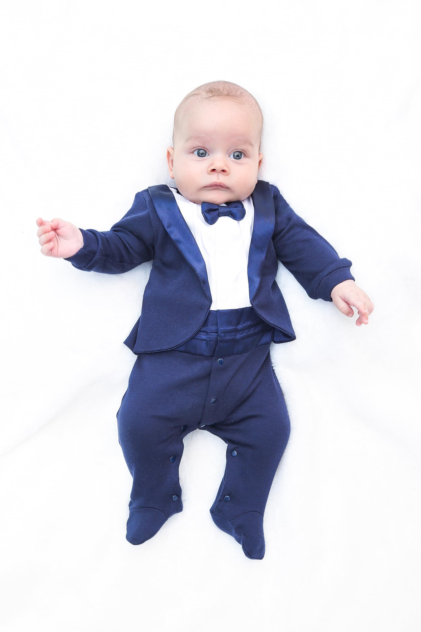 Lilax Baby Boy Gentleman Tuxedo Footie Christmas Holiday Outfit with Bow Tie Newborn Navy
