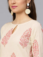Idalia Cream And Baby Pink Hand Block Print Kurta With Cotton Pants