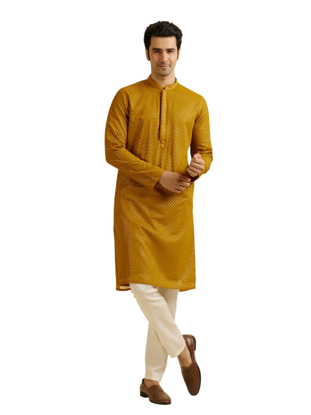 Manyavar Mens Georgette Embroidered|Sequins Kurta Churidar Set (Mustard,XXL)