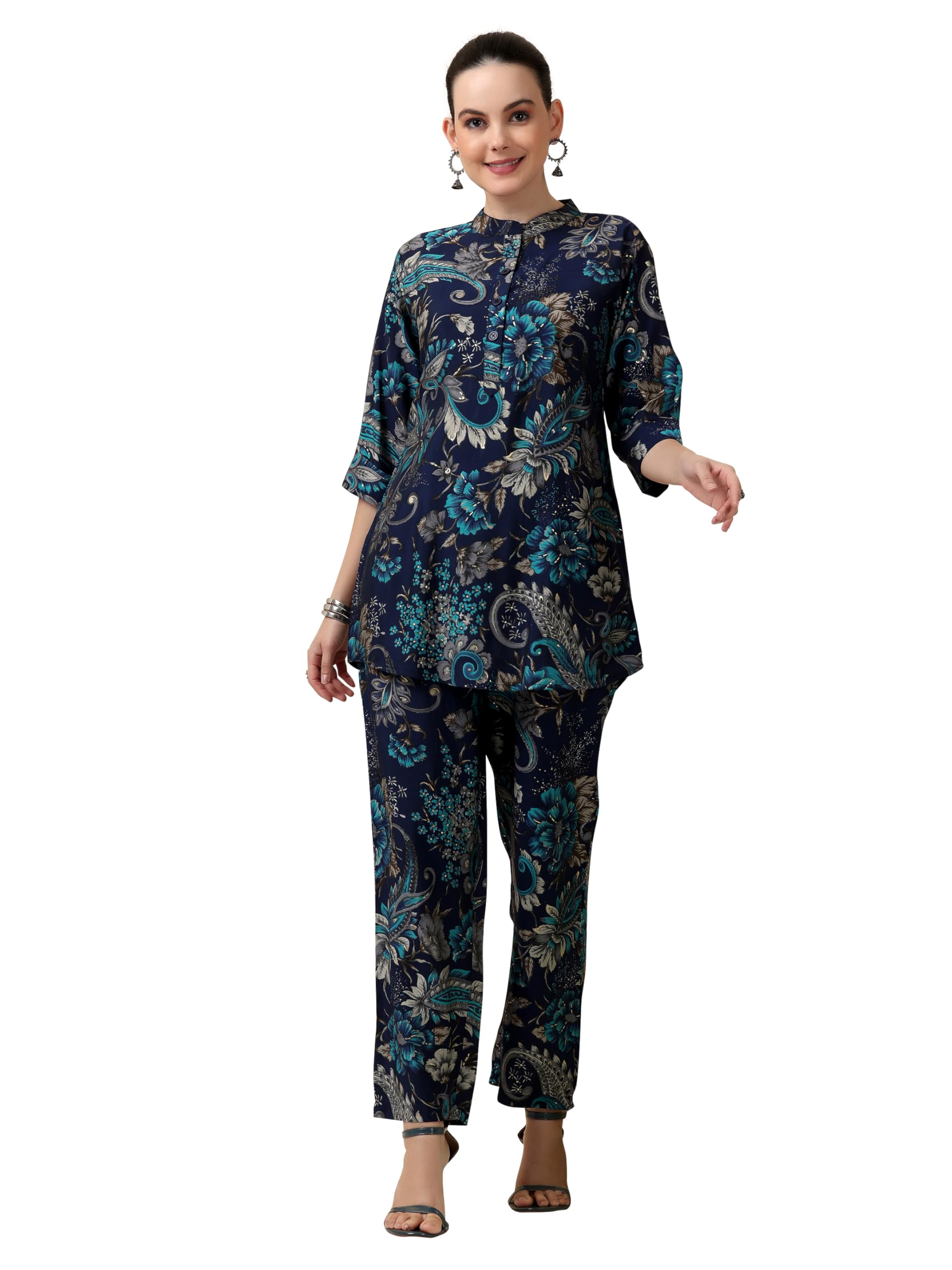 Libas Women Silk Blend Printed Co-Ord Set (48997_Blue, Small