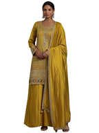 Libas Womens Embroidered Silk Blend Straight Kurta With Palazzos And Dupatta