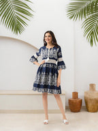 Ishin Schiffli Pure Cotton A-Line Dress Navy Blue