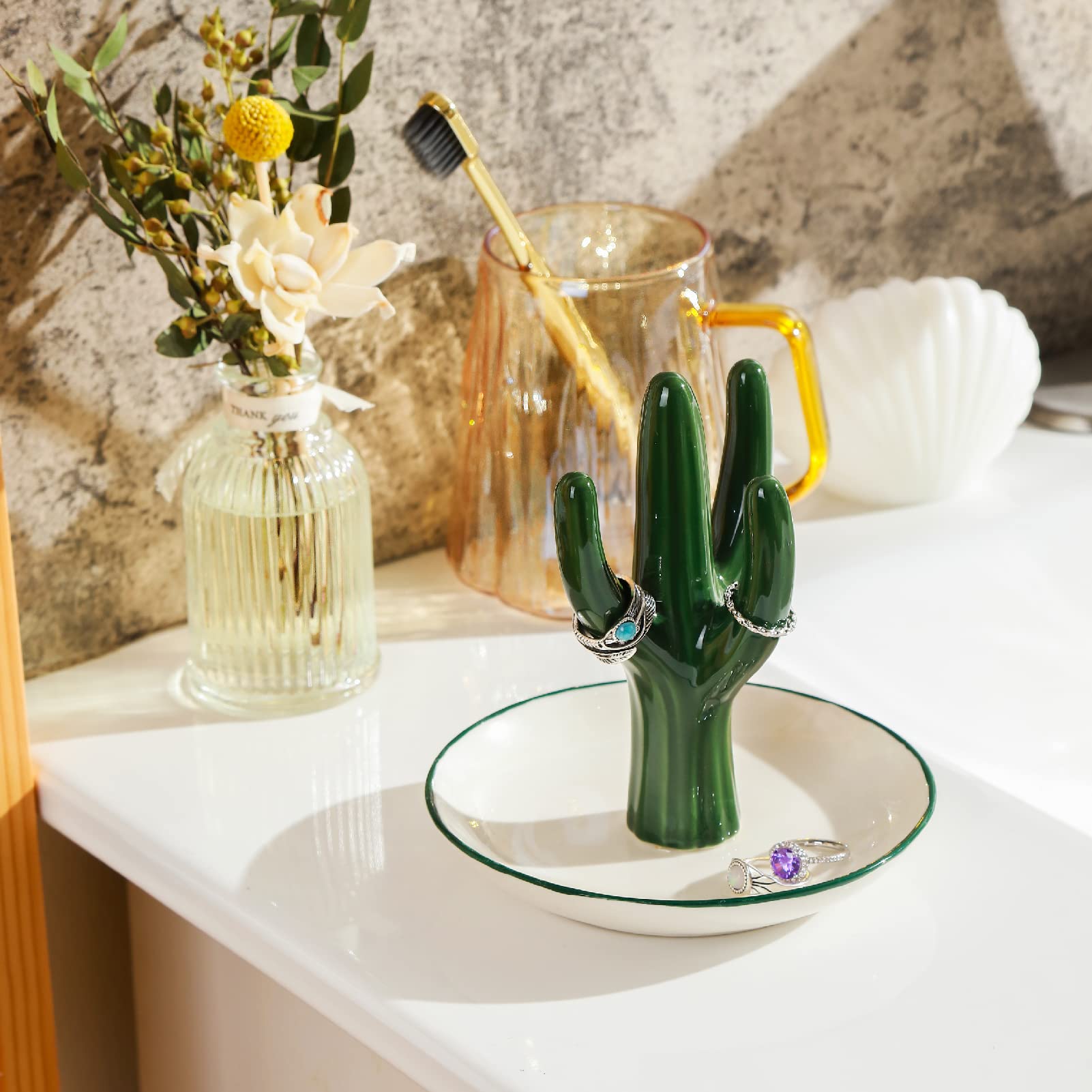PUDDING CABIN Cactus Ring Holder for Jewelry Green Aesthetic Decor, Cactus Gifts for Women Mom Her Girls Friends Sister Birthday