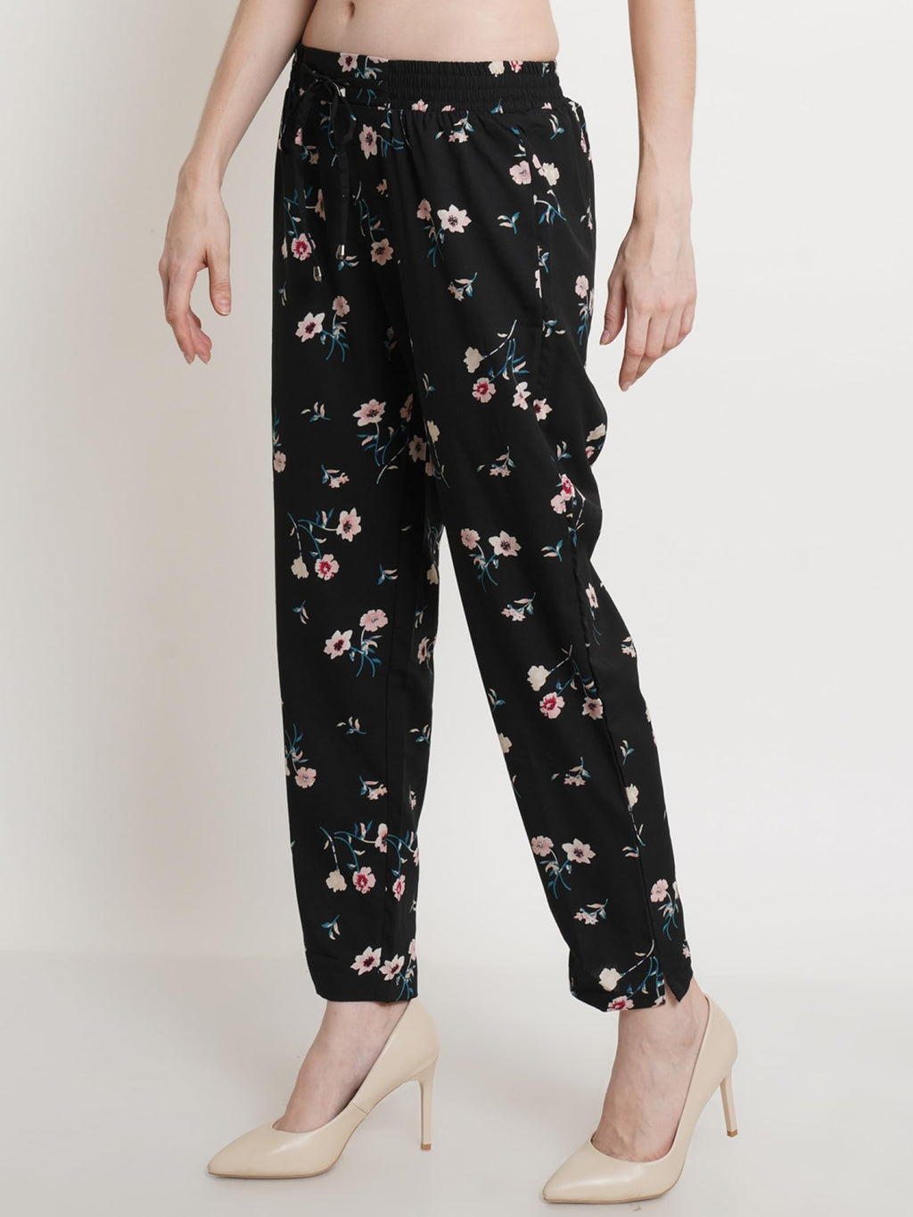 POPWINGS Women Casual Black Floral Printed Palazzo Palazzos for Women