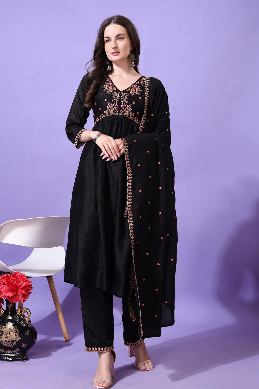 Pratham Blue WomenS Silk Embroidered Anarkali Kurta Palazzos With Dupatta |Kurta Sets For Women |Women Kurta | Women Embroidere