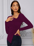 Shasmi Womens & Girls Light Purple Long Sleeve Asymmetrical Neck Solid Color Ruched Front Asymmetrical Hem Tee Workwear Fancy