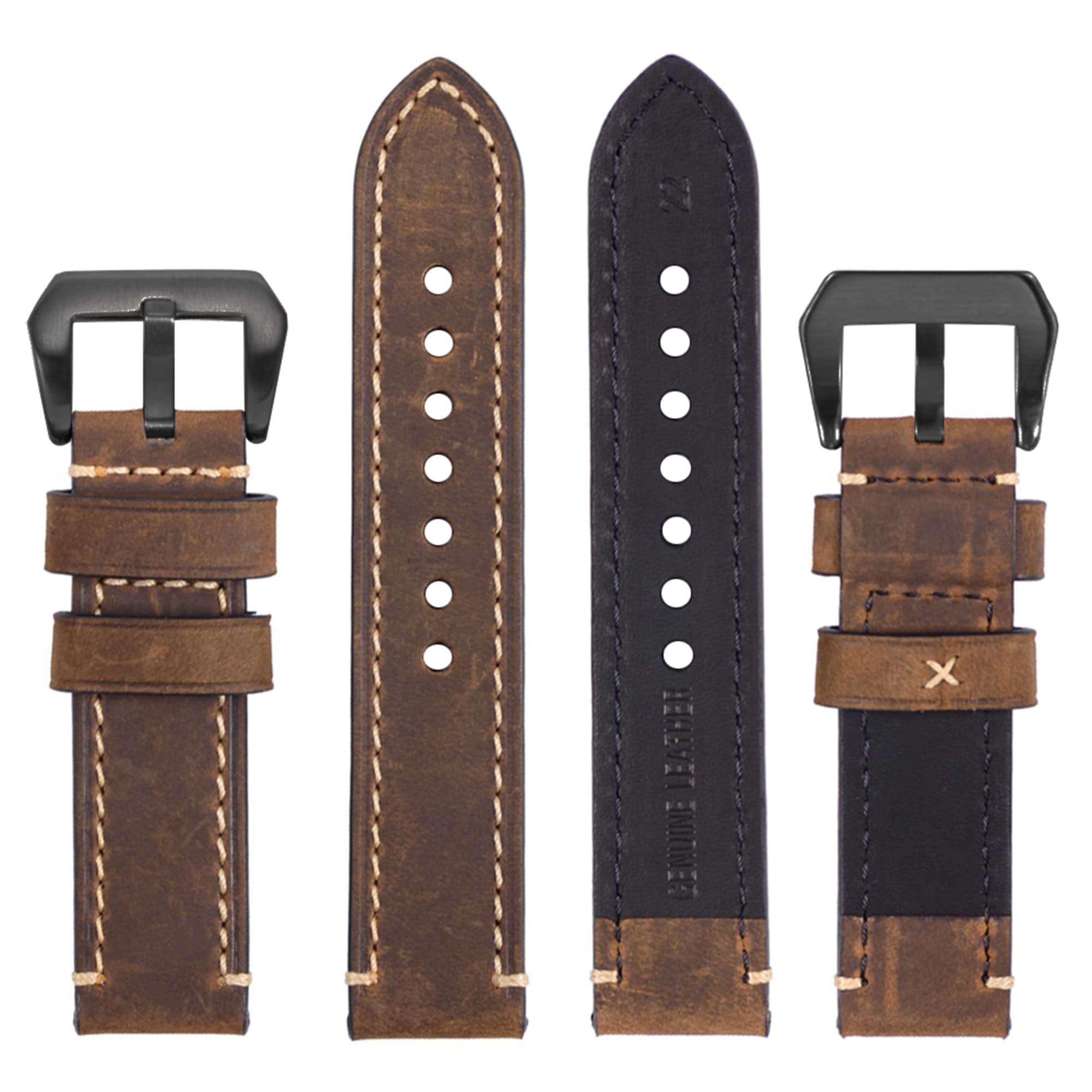 EACHE Mens Leather Watch Bands, Crazy Horse Leather Watch Strap 24mm Dark Brown with Black Buckle