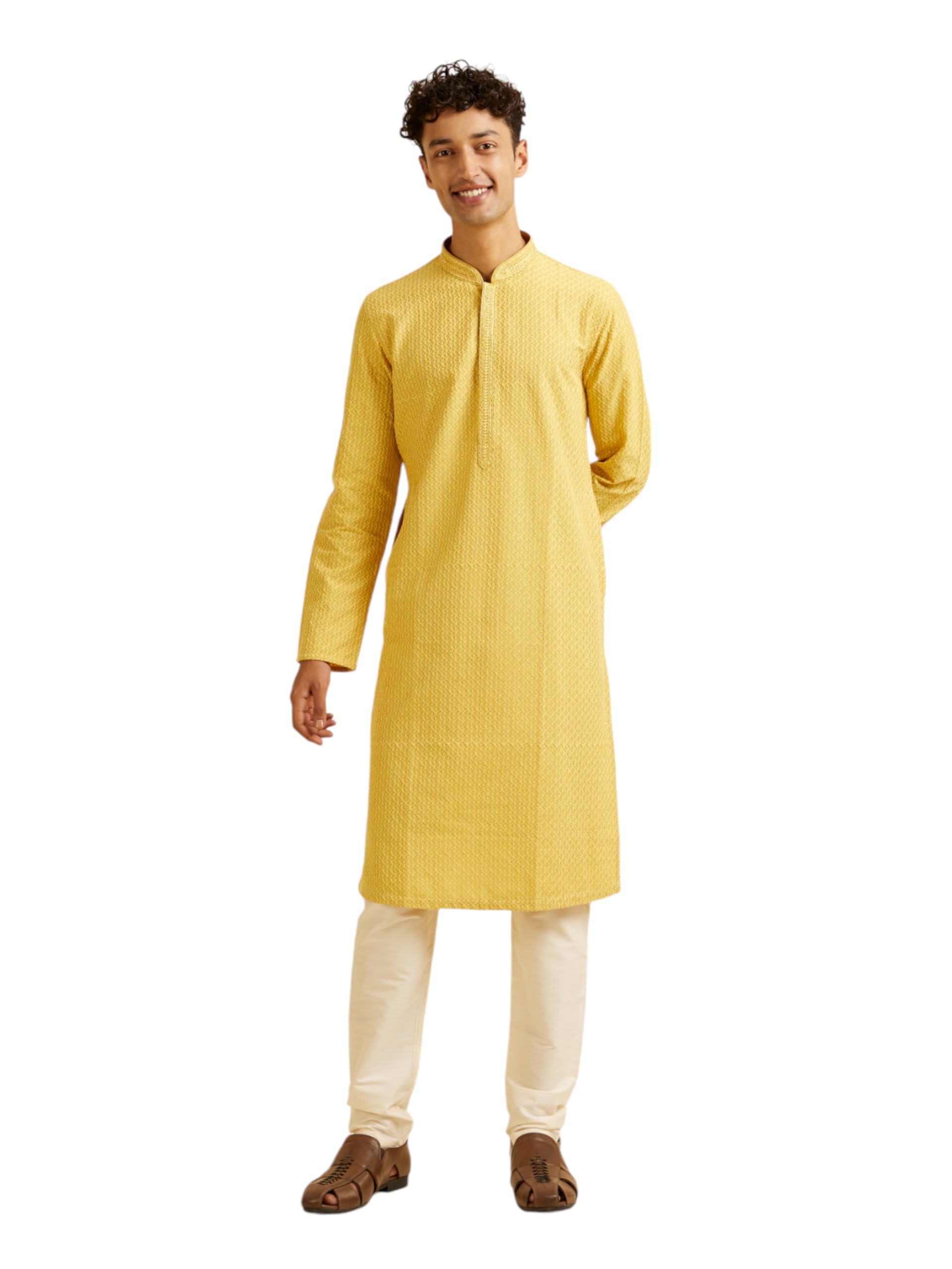 Manyavar Mens Viscose Blend Embroidered Zari Kurta Pyjama Set (Mustard,XXL)