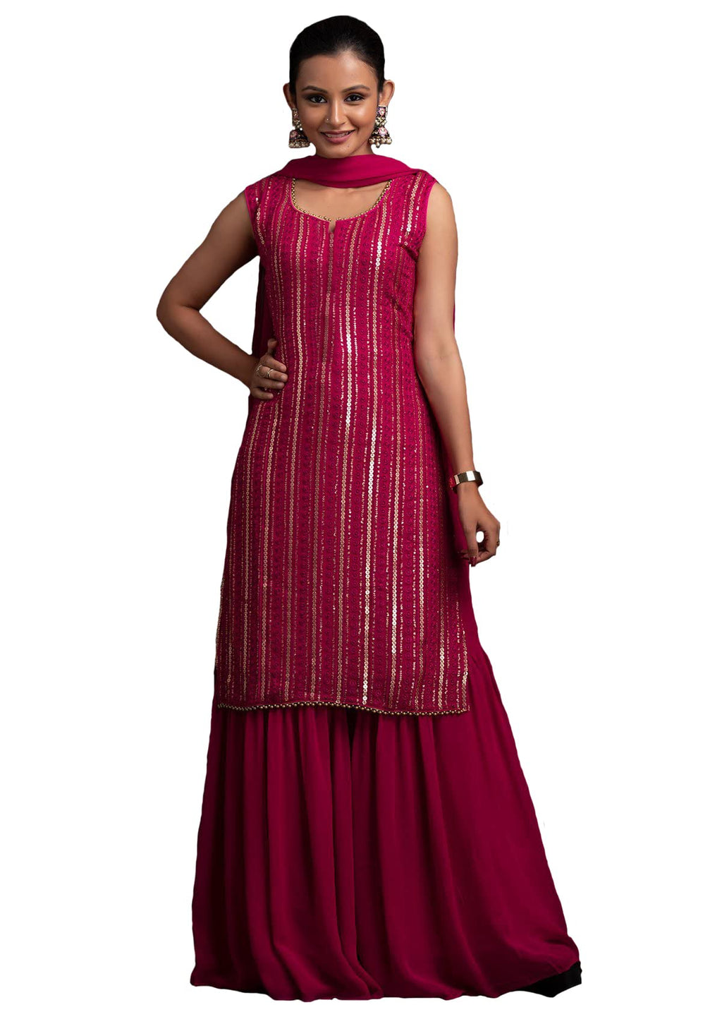 Xomantic Fashion WomenS Georgette Sequence Work Kurta Sharara Set With Dupatta Pink