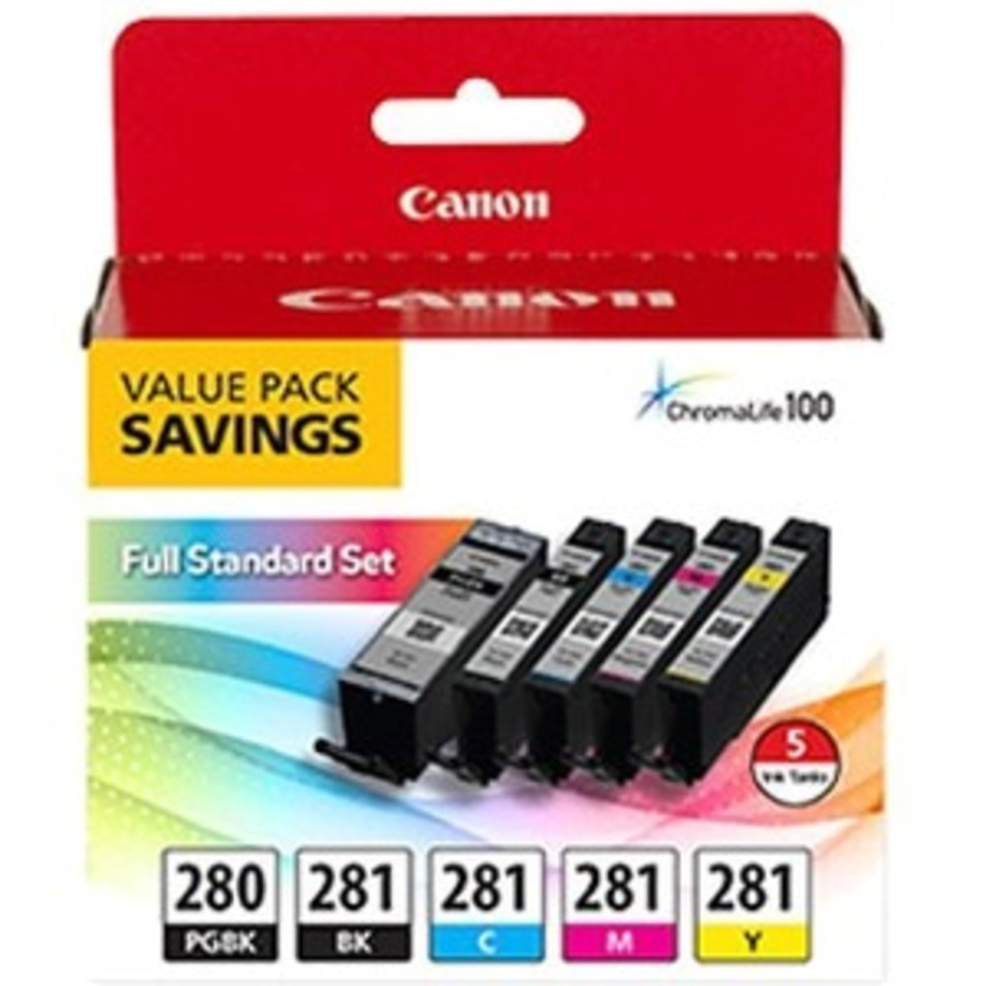 Canon PGI-280 / CLI-281 5 Color Ink Pack, Compatible to TS8120,TS6120,TR8520,TR7520, and TS9120 Wireless Printers, Multi, PGI-28