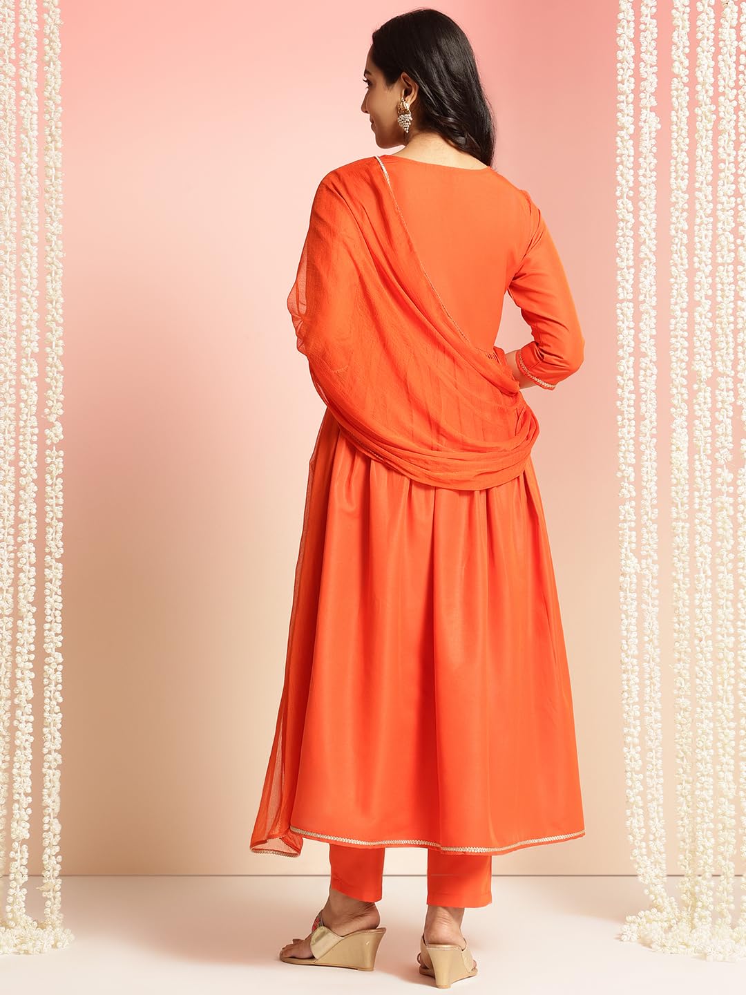 ANNI DESIGNER Womens Rayon Blend Embroidered Anarkali Kurta with Pant & Dupatta (Sharvali Orange_L_Orange_Large)