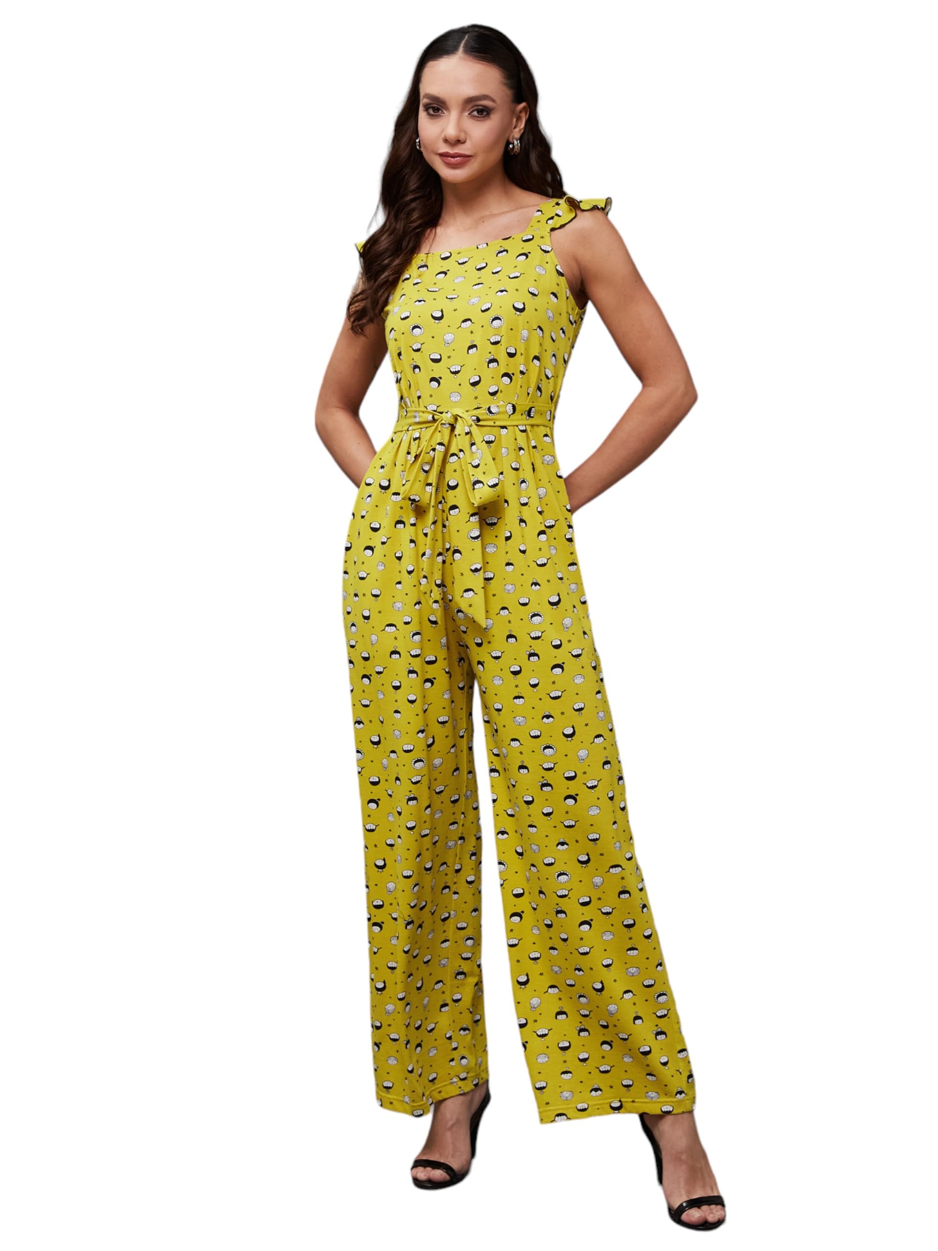 Miss Chase Womens Square Neck Sleeveless Waist Tie-Up Regular Length Pocketed Cotton Jumpsuit (MCSS24D19-16-207-06, Multicolore