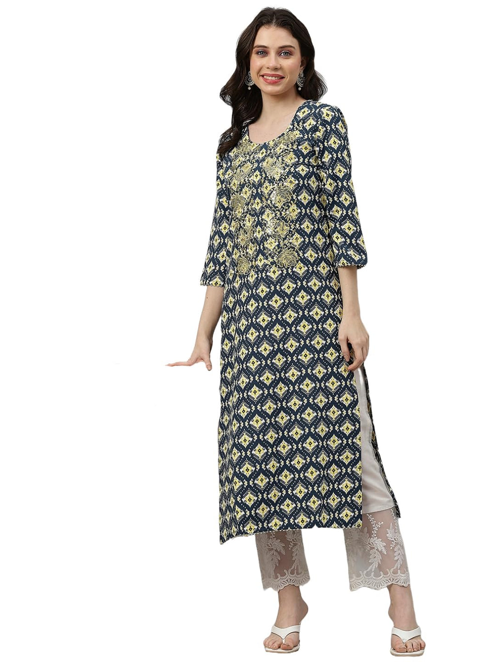 Gosriki Women'S Cotton Blend Printed & Embroidered Straight Kurta (Ladai Blue-Gs_S_Blue_Small)