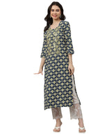 Gosriki Women'S Cotton Blend Printed & Embroidered Straight Kurta (Ladai Blue-Gs_S_Blue_Small)