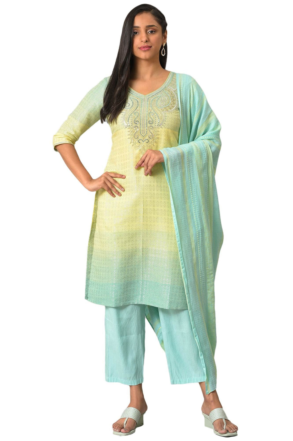 Yellow Embroidered Yarn-Dyed Kurta With Blue Narrow Palaza And Dupatta