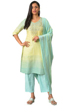 Yellow Embroidered Yarn-Dyed Kurta With Blue Narrow Palaza And Dupatta