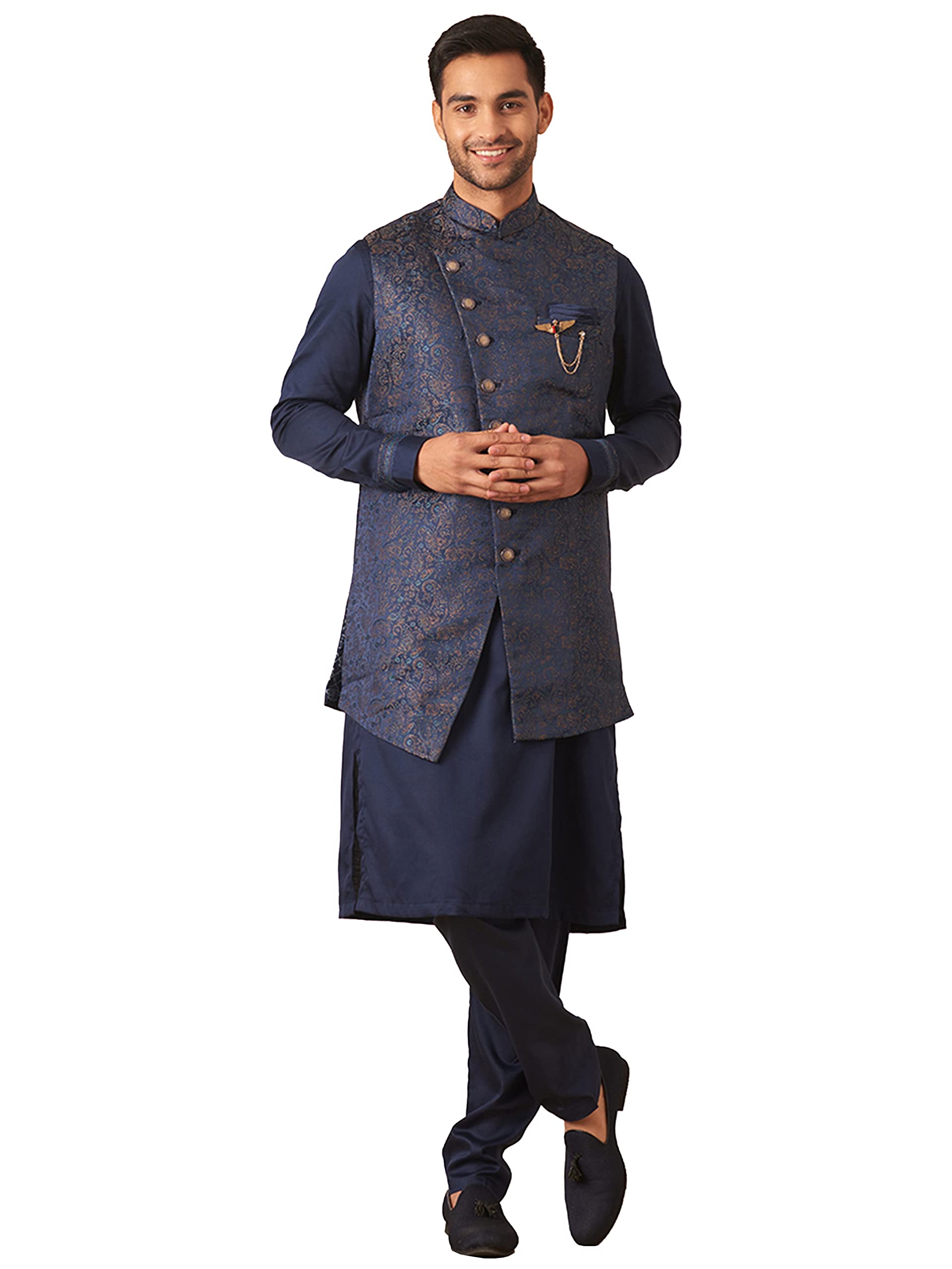 Manyavar Mens Jacket Kurta Set, Kurta Jacket Set for Men, Full Sleeves Mandarin Collar Ethnic Jacket Set for Festival, Wedding,