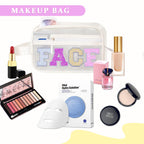 COSHAYSOO Clear Preppy Patch Makeup Bag Cosmetic Pouch with Glitter Bling Letters for Women Teen Girls Sister, Make Up Travel St