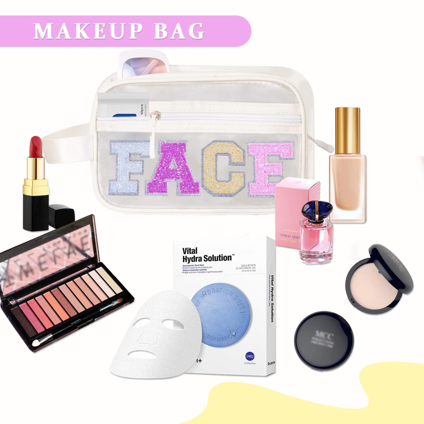 COSHAYSOO Clear Preppy Patch Makeup Bag Cosmetic Pouch with Glitter Bling Letters for Women Teen Girls Sister, Make Up Travel St