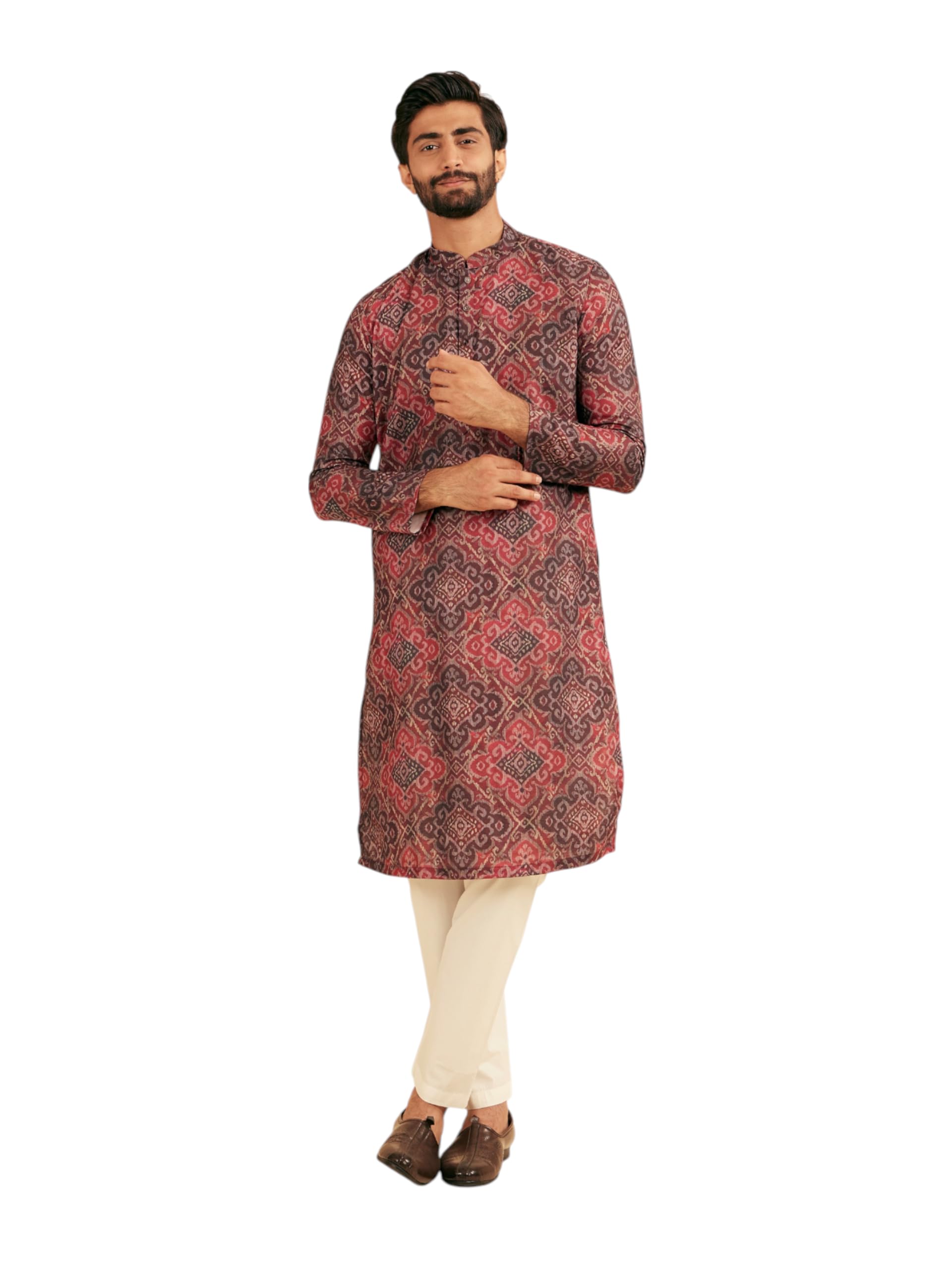 Manyavar Mens Cotton Blend Ethnic Motifs Printed Kurta Set (Maroon,XXL)