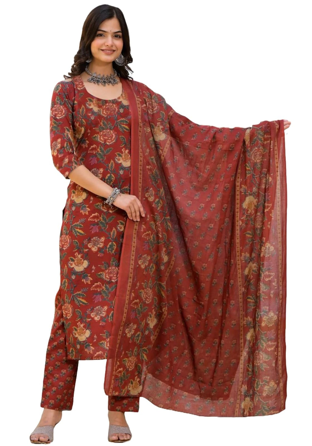 ANNI DESIGNER Ladies Cotton Blend Dupatta Kurta Trousers, dark red, M