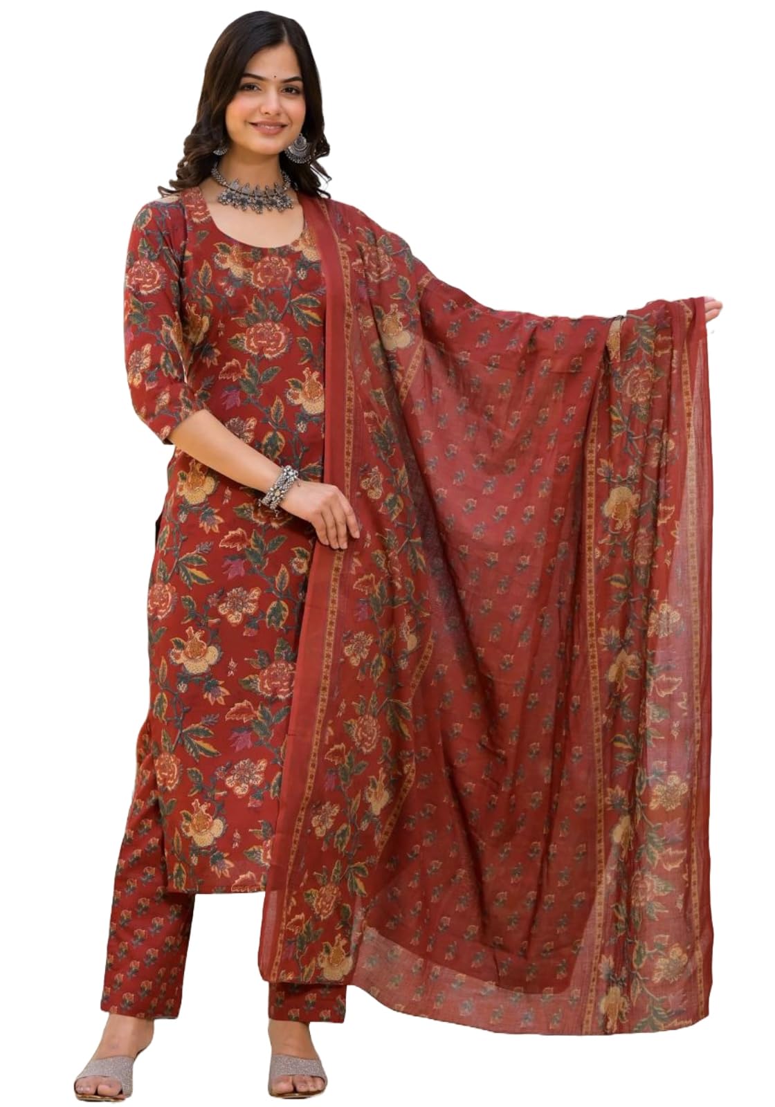 ANNI DESIGNER Ladies Cotton Blend Dupatta Kurta Trousers, dark red, M