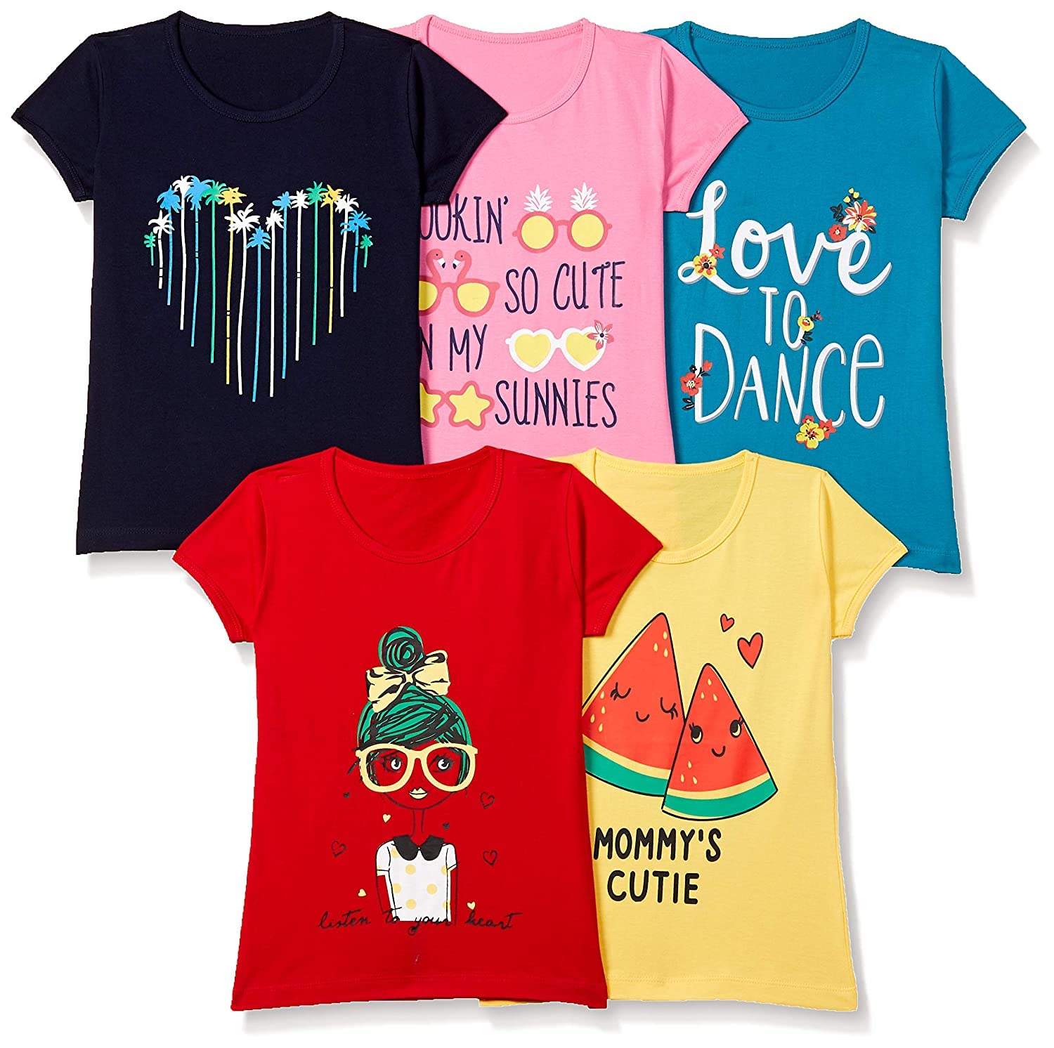 T2F Girls Solid Regular Fit T-Shirt Pack of 5(GLS-TSRT-01_Multicolor 5_9 Years-10 Years)