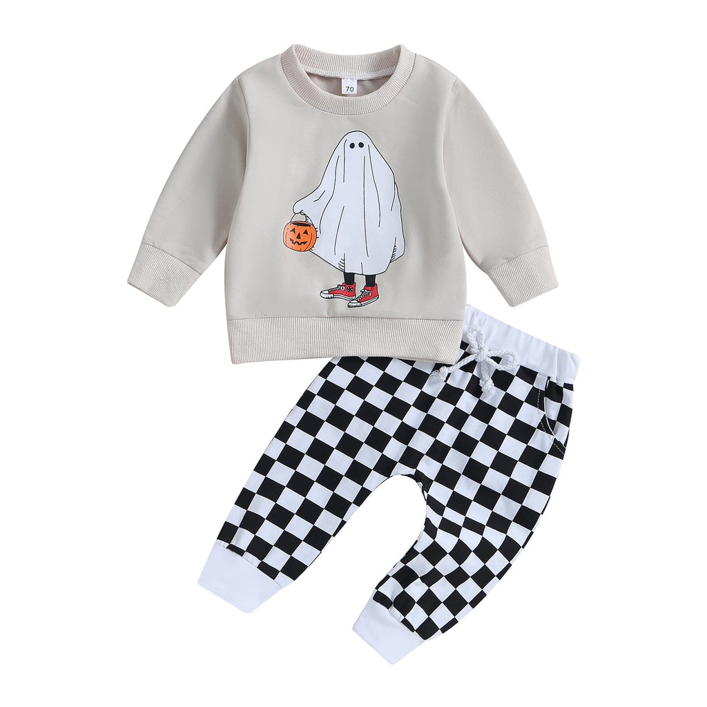 Baby Boy Halloween Pants Outfits Long Sleeve Shirts Pumpkin Sweatshirt Pants Infant Boys Fall Halloween Clothes Set (Light Grey,