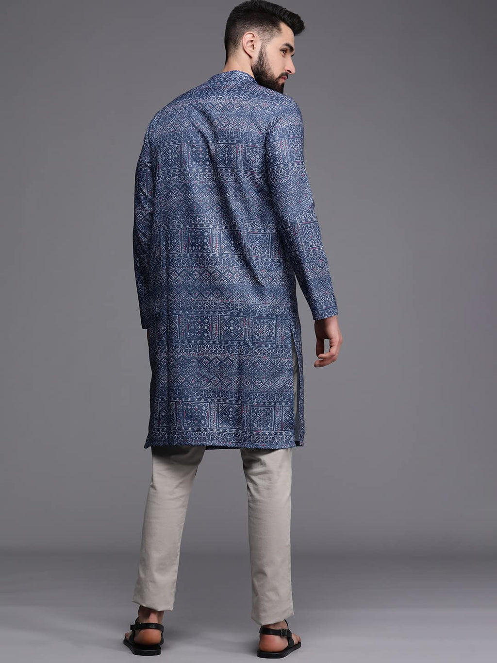 Manyavar Mens Kurta, Full Sleeves Mandarin Collar Ethnic Knee-Length Kurta