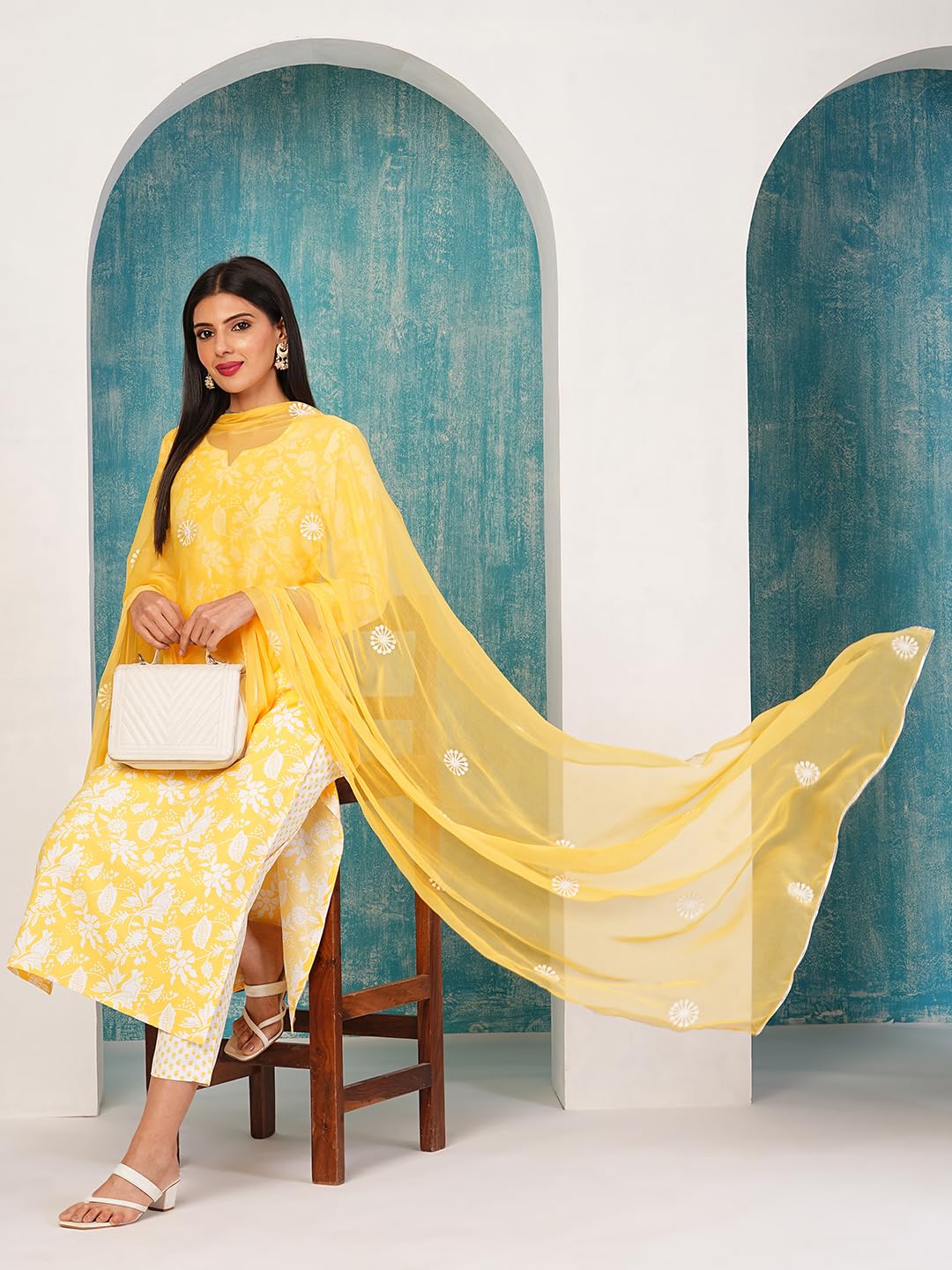 ANNI DESIGNER Ladies Cotton Blend Kurta with Trousers and Dupatta, yellow, L