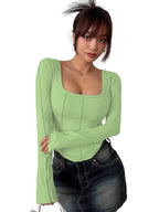 Sugathari Womens Green Solid Long Sleeve Wrap-Style Square Split Crew Neck Bodycon Women T-Shirt Spring and Summer, Minimalist 