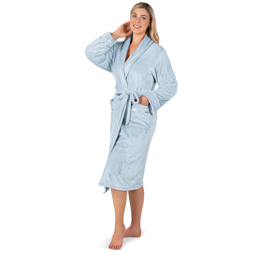 PAVILIA Plush Robe For Women | Light Blue, Fluffy Soft Bathrobe | Luxurious Fuzzy Warm Spa Robe, Cozy Fleece Long Robe | Satin T