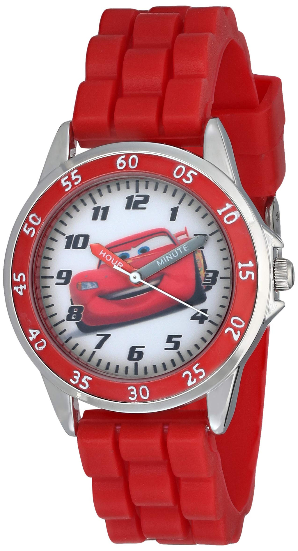 Accutime Cars Kids' Analog Watch with Silver-Tone Casing, Red Bezel, Red Strap - Official Cars Lightning McQueen Character on Th