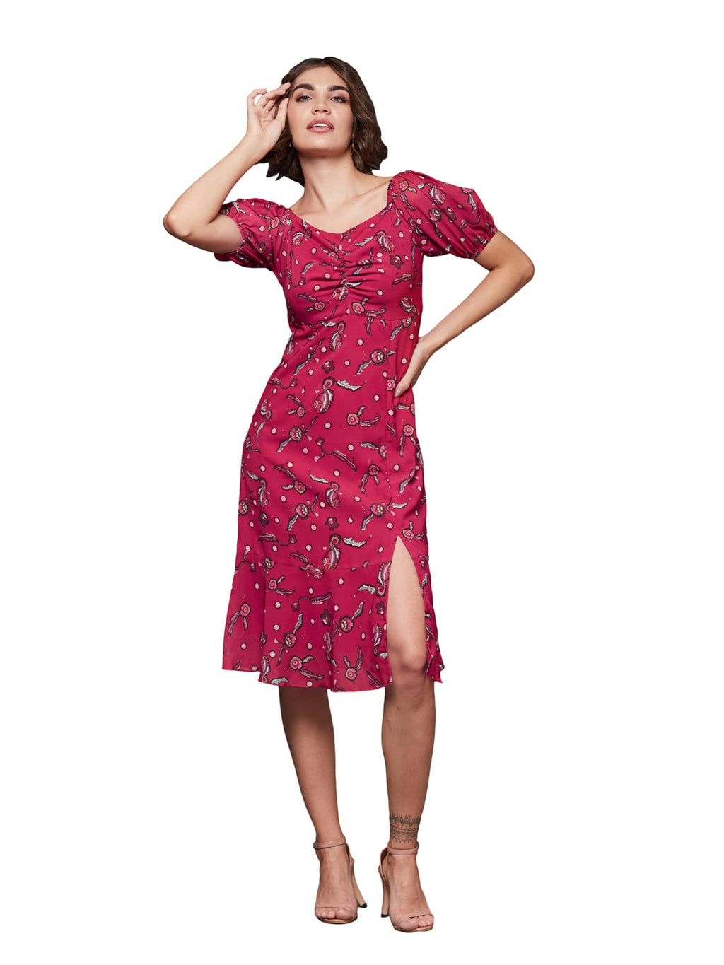 Miss Chase Womens Sweetheart Half Sleeve Floral Fit Flare Midi Dress (MCAW24D94-64-251-06, Multicolored-Base-Dark Pink, XL)