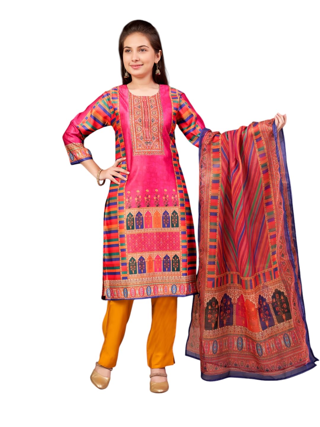 Aarika Girls Ethnic Wear Rani-Mustard Colour Abstract Embalished Satin Kurti Pant Set-8-15 Years (Kp-Tr-K-1042)