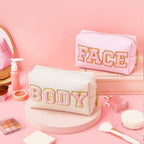 Patelai 2 Pcs Preppy Makeup Bags Chenille Letter Patch Bag Face Skin Hair Stuff Aesthetic Cosmetic Bag Travel Zipper Pouch Makeu