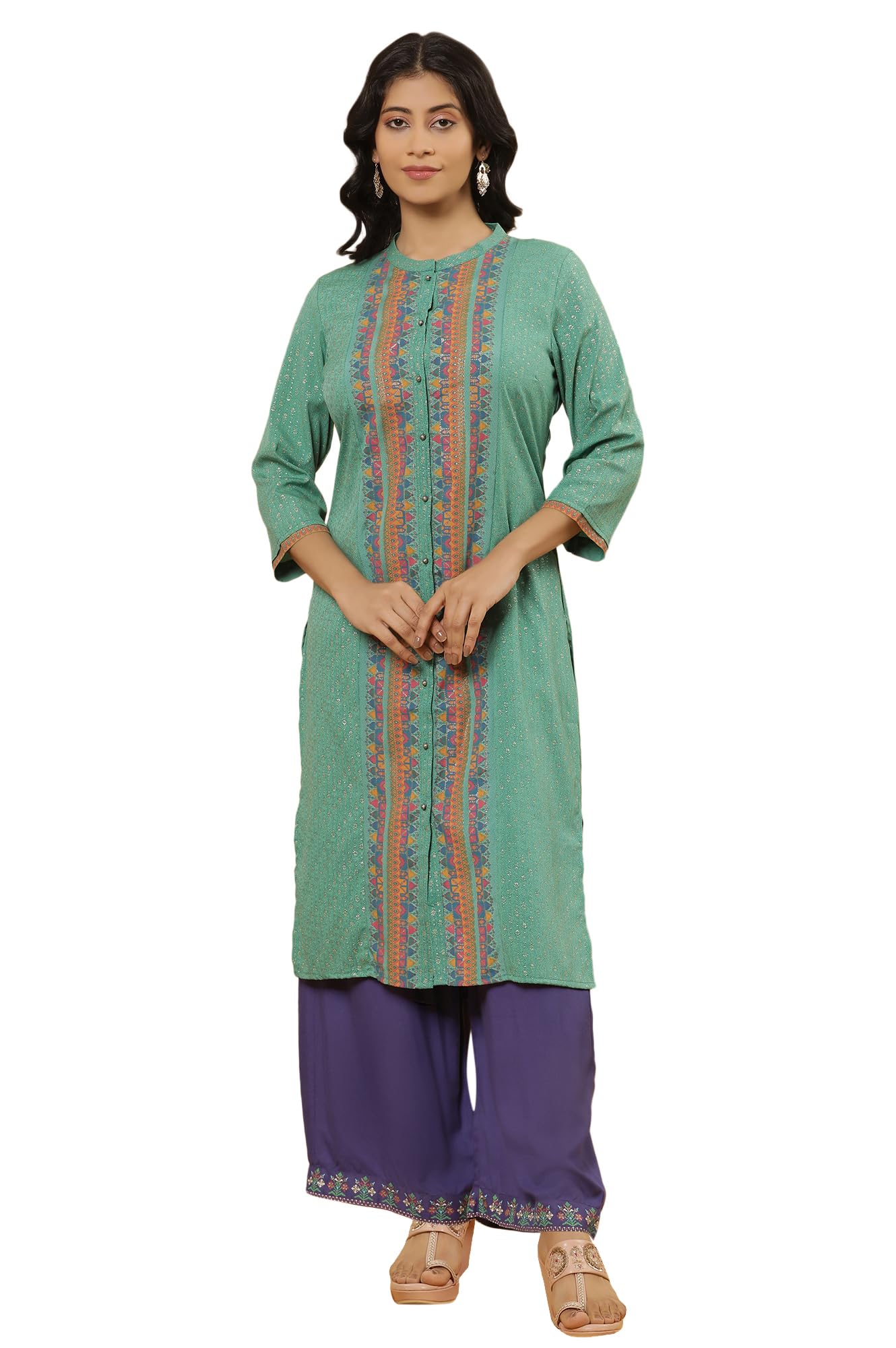 W For Woman W Women Green Festive Geometric Print American Crepe Kurta Set With Parallel Pant_24Onws18237-119077_2Xl