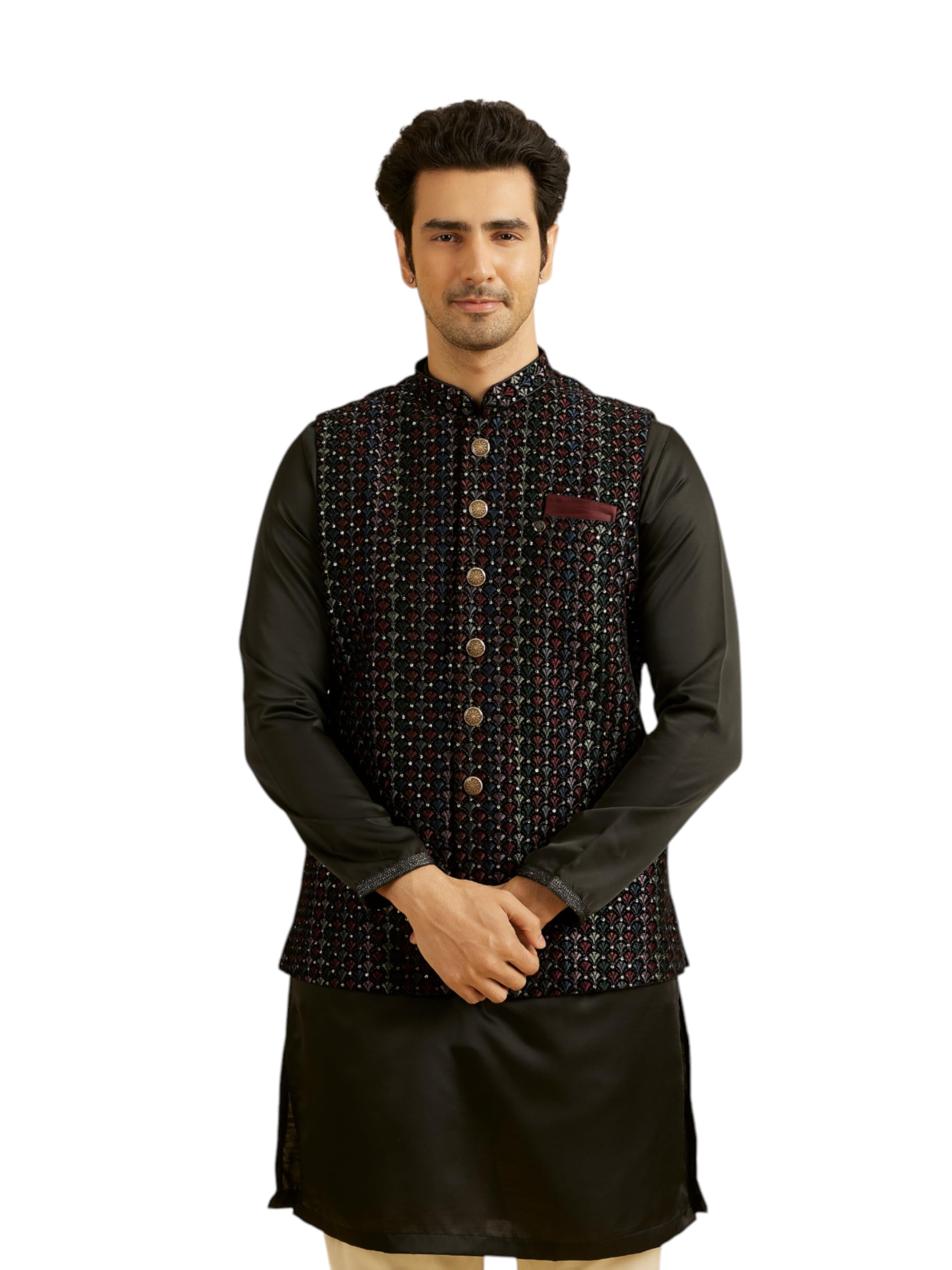 Manyavar Mens Velvet Sequined Nehru Jacket (Black,XXL)