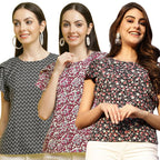 Pinkmint Womens Printed Combo Tops ll Regular Fit Ruffle Trim Petal Sleeve ll Fancy Girls Top (Pack of 3)