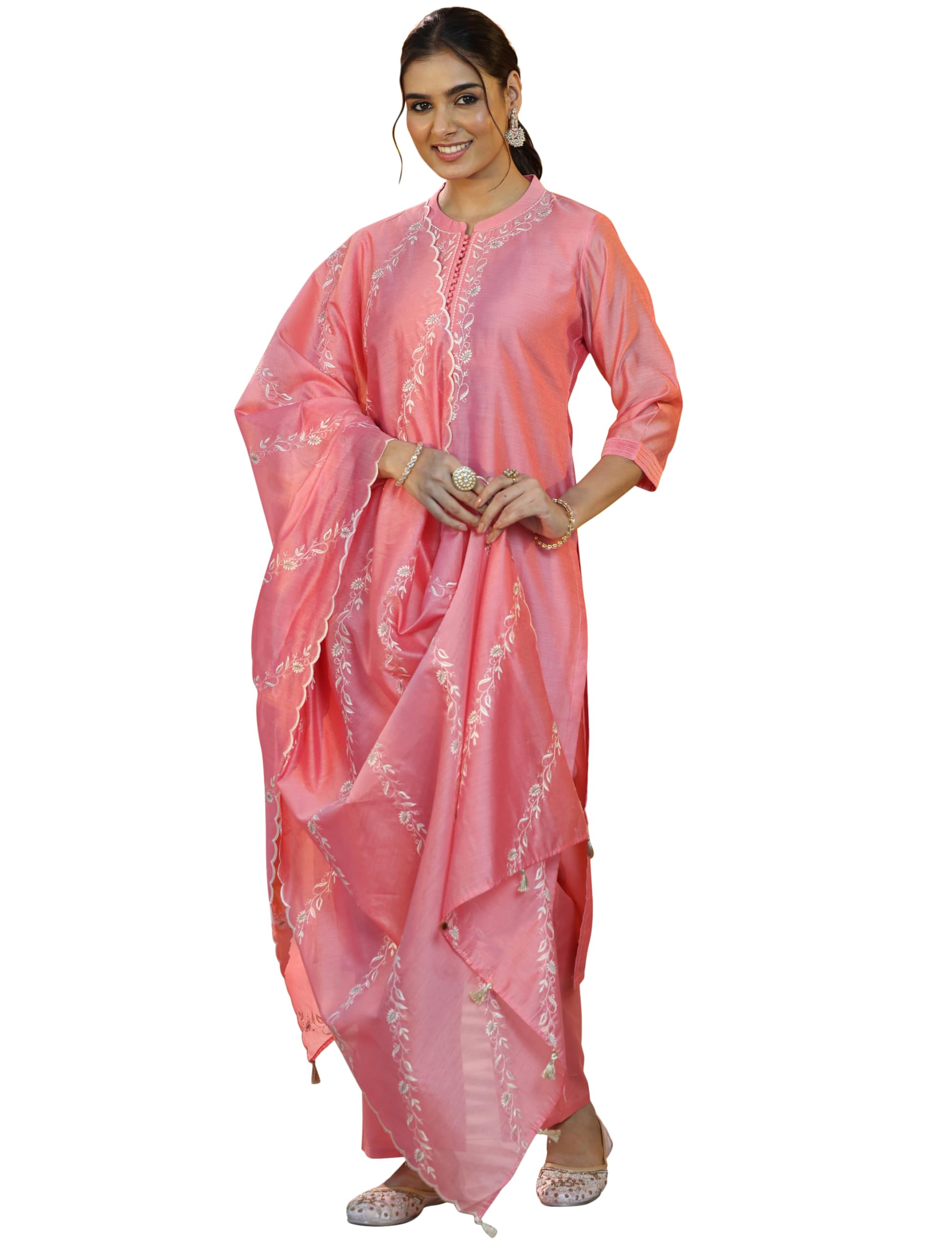 Libas Coral floral embroidered yoke design kurta with solid trouser and floral embroidered dupatta