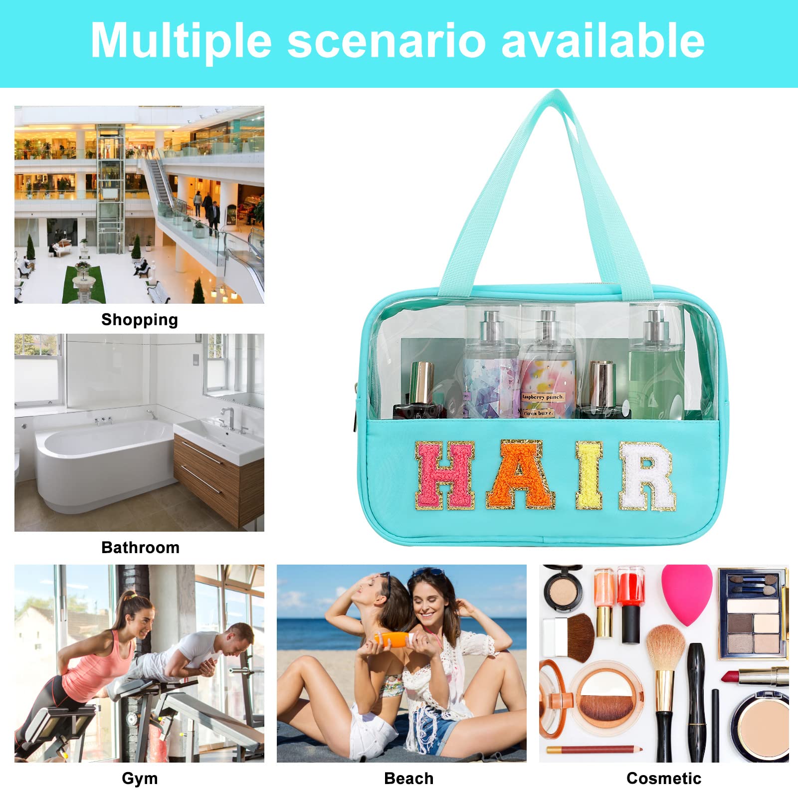 Chenille Letter Patch Clear Bag,Preppy Multi-purpose PVC&Nylon Clear Makeup Bag with Handles,Large Travel Makeup Toiletry Storag